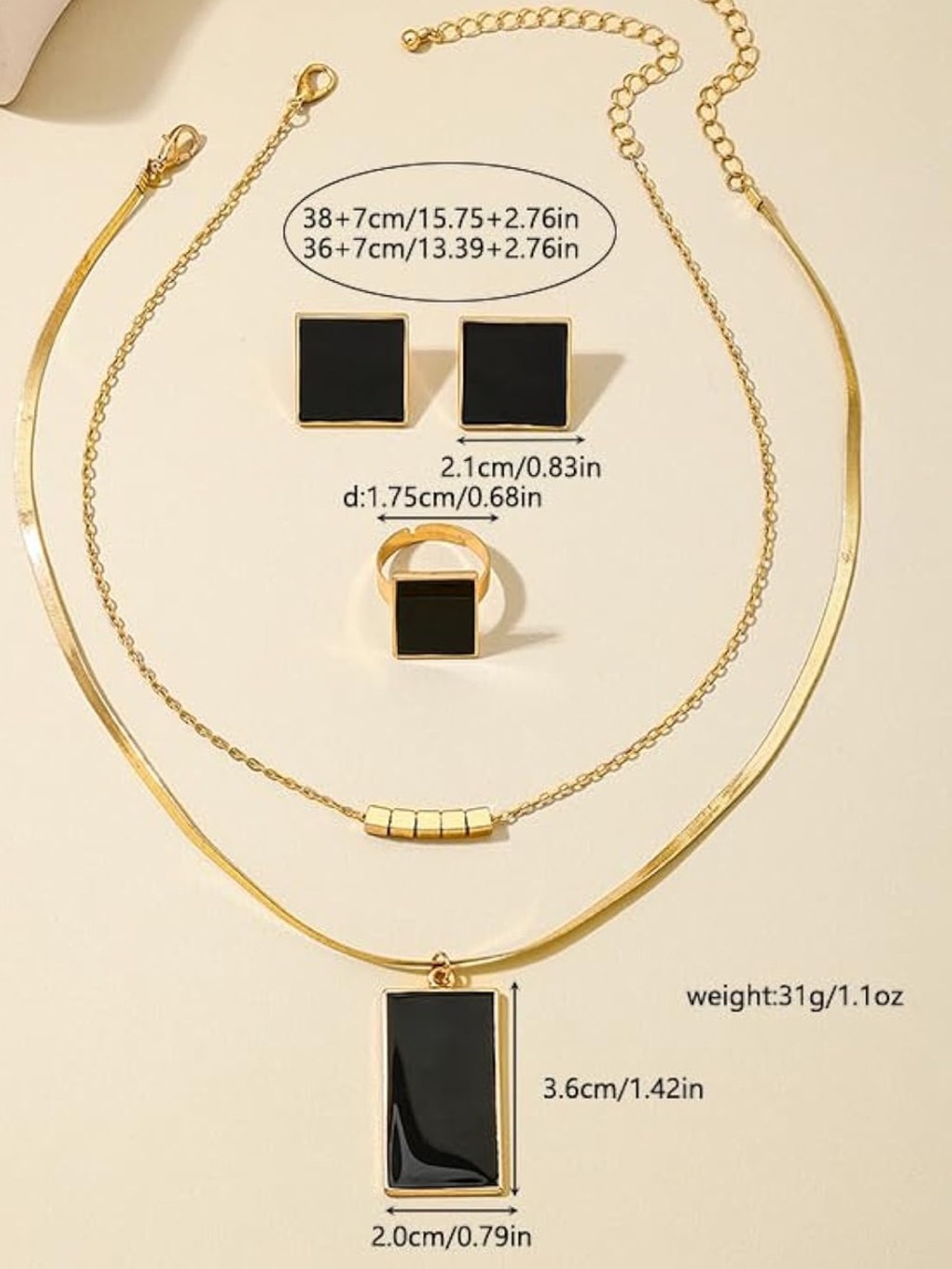 Black Geometric Jewelry Set Necklace Earrings Ring | Gold Tone - Picture 2 of 6